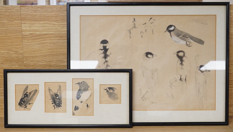 Chinese school, five studies of insects and birds, four mounted and framed as one, monochrome ink and wash, largest 27 x 37cm